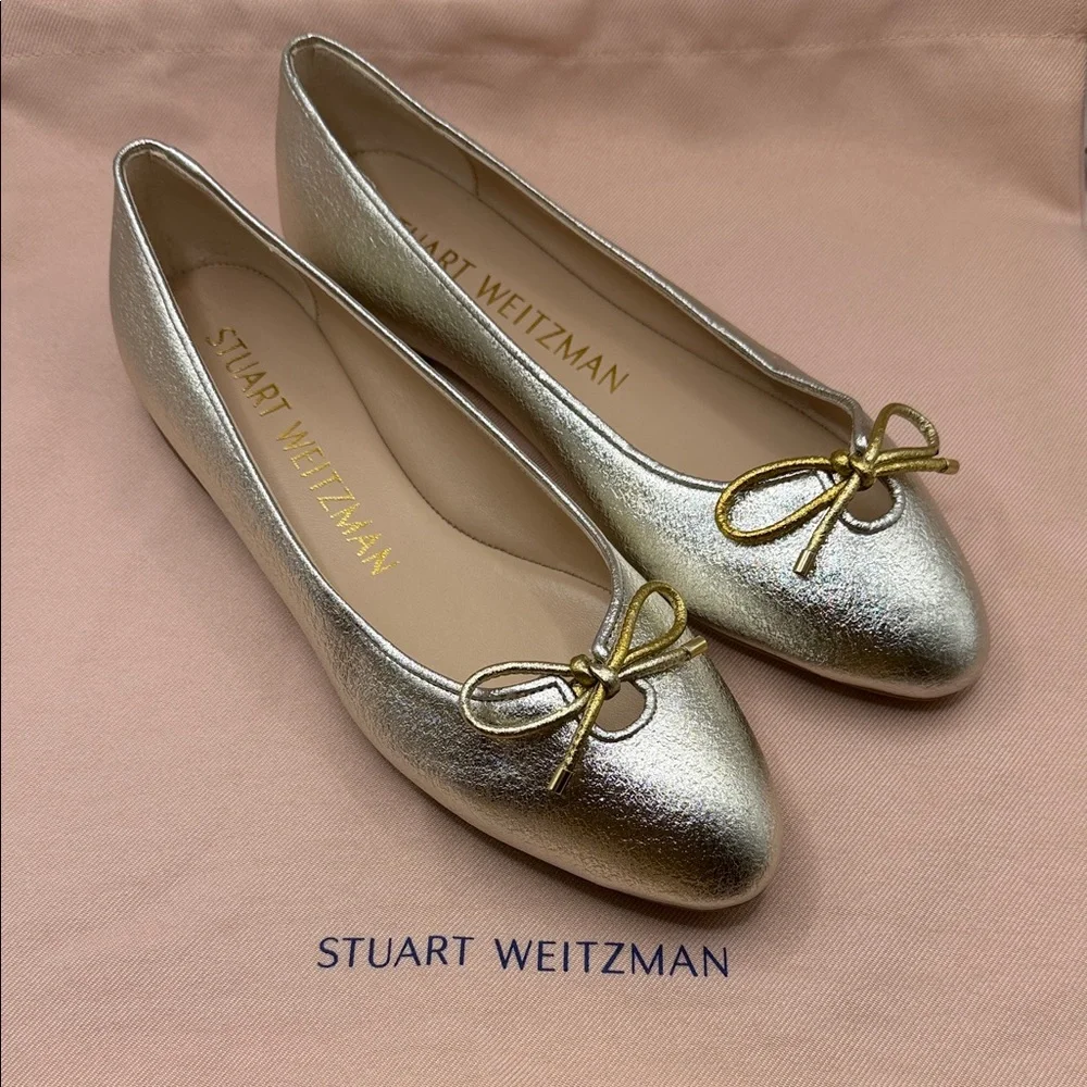 Stuart Weitzman Women's Gabby Flats, Platino, Gold, Metallic, US 7.5, NWOT